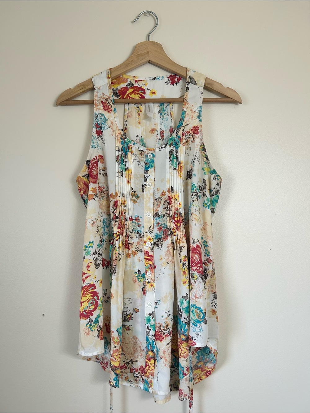 Floral Pleated Sleeveless Button Front Tank Top Blouse - Cream Multi